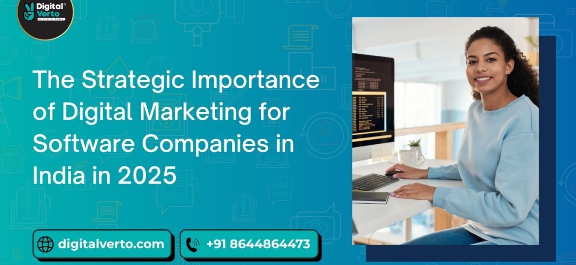 A smiling woman working on a computer with code on the screen, placed beside a blog title about the role of digital marketing for software companies in India, presented by Digital Verto.