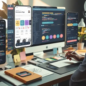 developer-creating-ecommerce-mobile-app-with-code-design-multiscreens