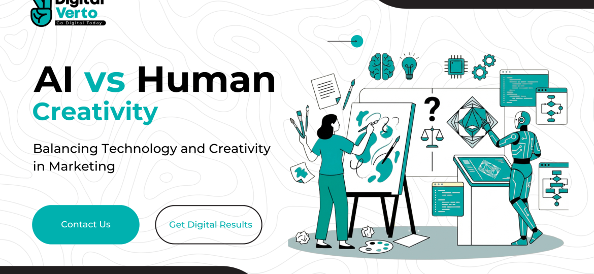 AI vs Human Creativity illustration showing a human artist painting on a canvas and an AI robot analyzing data, representing the balance between technology and human creativity in modern marketing.