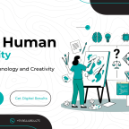 AI vs Human Creativity illustration showing a human artist painting on a canvas and an AI robot analyzing data, representing the balance between technology and human creativity in modern marketing.